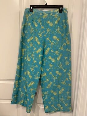 Vintage Silk Club Collection turquoise palm and pineapple floral silk pants